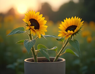 Obraz premium Two sunflowers, one leaning slightly towards the other, in a tall matte ceramic pot, set against a blurred garden backdrop filled with greenery at dawn.