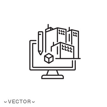 building information modeling icon, construction management technology, development architecture process, thin line symbol isolated on white background, editable stroke eps 10 vector illustration
