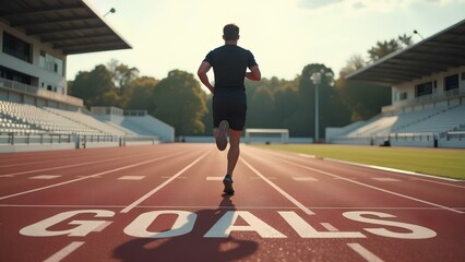 Runner on track with "Goals" text painted on ground, empty stadium in background, during sunrise. Fitness and achievement concept. Motivational photography for sports banner and poster design.