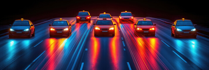 A line of taxis illuminates the dark city street at night, showcasing vibrant colors from their...