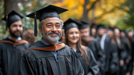 A proud graduate smiles while wearing a cap and gown, surrounded by classmates in caps, all celebrating their academic achievement on a beautiful day