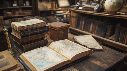 A vintage map book lies open on a wooden desk in a library or bookstore.