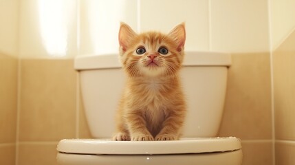 Playful Kitten Perched On Toilet Against Warm Beige Minimalistic Background