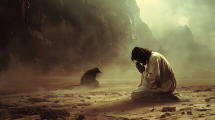 Jesus kneeling in deep prayer on the desert ground, a soft glow radiating around him, as Satan’s shadowy figure lurks behind a rock, whispering temptations into the stillness 
