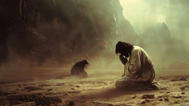 Jesus kneeling in deep prayer on the desert ground, a soft glow radiating around him, as Satan&rsquo;s shadowy figure lurks behind a rock, whispering temptations into the stillness 
