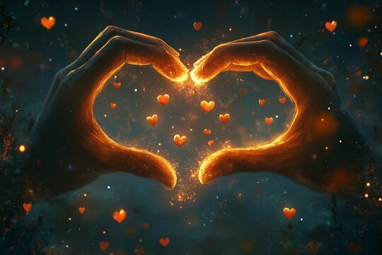 A magical illustration of hands forming a glowing heart shape, surrounded by floating small hearts and sparkles, creating a warm, romantic atmosphere filled with love and enchantment