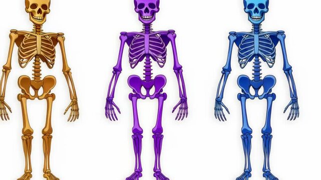 Three skeletons stand in a row, each a different color: gold, purple, and blue
