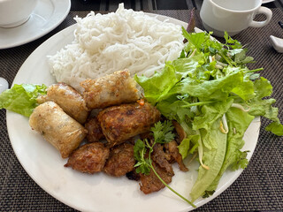 Vietnamese Dish Rice Noodles, Pork, and Deep Fried Spring Rolls