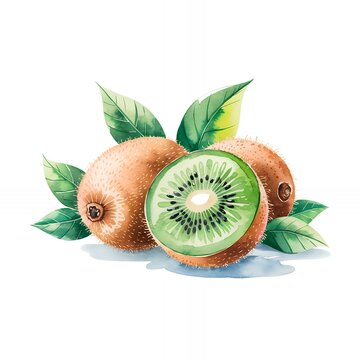 recommend clip art: Watercolor illustration of a kiwi fruit, sliced in half, with two whole kiwi fruits and leaves.
