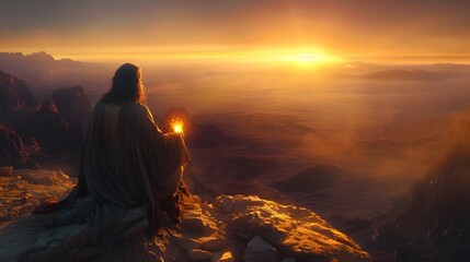 Obraz premium Jesus seated on a rugged stone in the desert, his posture composed and resolute, as Satan, cloaked in shadows, offers a glowing crown, representing the temptation of earthly power 