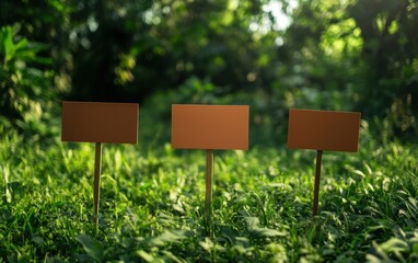 A serene scene featuring three blank signs on wooden stakes nestled amidst lush green grass, surrounded by a vibrant natural background. Ideal for creative projects or visual storytelling.