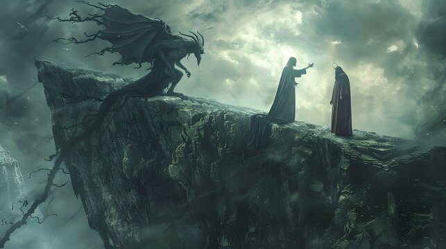 Jesus standing at the edge of a high cliff, with Satan gesturing towards the world below, enticing him with dominion over all. 