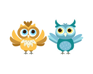 Stylish cute set, cartoon owls. Collection of various birds for creative design projects, minimalistic cute bright set owls. Logo, vector illustration