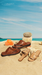 Stylish brown leather flip-flops for men and women in beach decor.