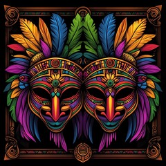 Vibrant dual masks with colorful feathers, showcasing intricate designs and cultural motifs in a striking display of art.
