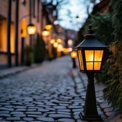 Warm glow of street lanterns on cobblestone street at night, peaceful and nostalgic mood