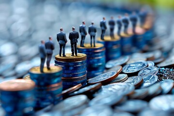 Miniature businessmen standing on stacks of coins, representing financial success and growth.