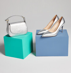 Shiny silver women's bag and stilettos on green and blue boxes. Stillife shooting in studio on white background. Women's shoes and bag, no people.