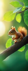 Fototapeta premium A captivating close-up of a squirrel perched on a branch, surrounded by lush green foliage. Its attentive gaze and vibrant fur bring life to this serene natural scene.