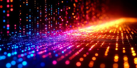 Vibrant digital light patterns flowing in waves, creating a mesmerizing visual effect.
