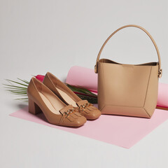Classic high heels and bag. Still life photography in a studio with white and pink decor. Brown, thick-heeled, leather shoes and a stylish bag.