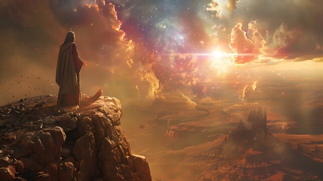 Jesus standing on a desert cliff, staring intently at a glowing vision of a prosperous kingdom in the sky, as Satan stands beside him, pointing towards it with a tempting gesture 