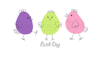 Set of simple vector cartoon bright birds. Hand lettering National Bird Day. Colorful tropical abstract birds. Banner, postcard design.