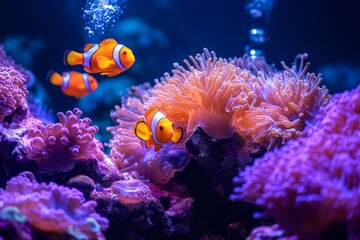 Fototapeta premium Clownfish Swimming in Coral Reef with Bubbles