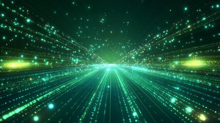 Naklejka premium Abstract green and gold digital tunnel with glowing lines and particles.