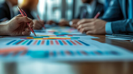 Team members actively engage in discussion, reviewing charts and graphs spread across the table in a contemporary office setting
