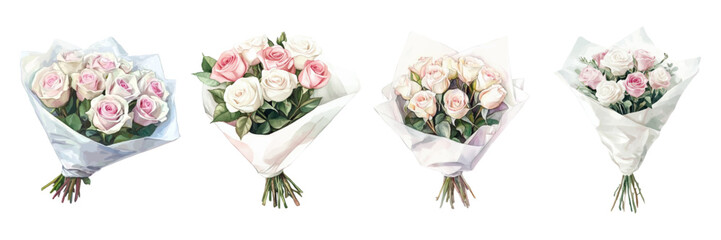 Watercolor bouquet of white and pink roses packed in a white wrapper png. Bouquets of roses in a white wrapper on a transparent background. Watercolor floristry. Vector illustration.
