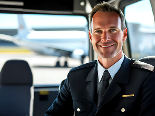 Smiling airline pilot in uniform sitting in a car, professional aviator, airport background
