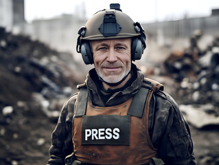 War correspondent smiling in protective gear, press vest and helmet, reporting from conflict zone, professional journalism portrait