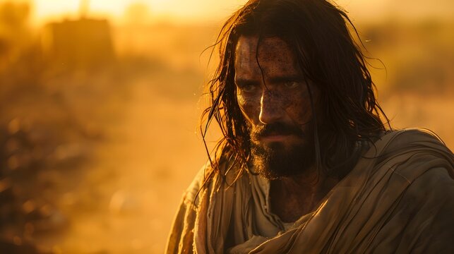 Jesus, with a determined expression, turning away from Satan’s offer of bread, the barren desert and intense sunlight highlighting the rejection of bodily sustenance 