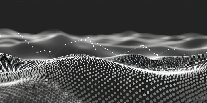 A scatter plot's dots dot the landscape, connecting data points. (Monochrome)