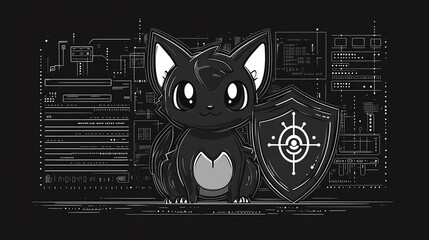 A cute cartoon cat with a shield and a futuristic background.