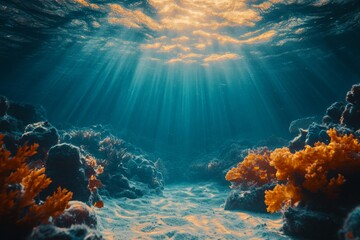 Obraz premium Underwater Coral Reef With Sunbeams