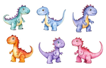 Watercolor set of cute dinosaurs png. Multicolored cute dinosaurs watercolor on transparent background. Cute children's characters. Vector illustration.