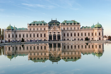 Fototapeta premium Palace Upper Belvedere reflected in pond on foreground in Vienna