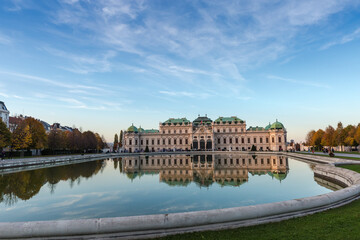 Baroque palace Upper Belvedere with pond on foreground in Vienna