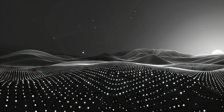 A scatter plot's dots dot the landscape, connecting data points. (Monochrome)
