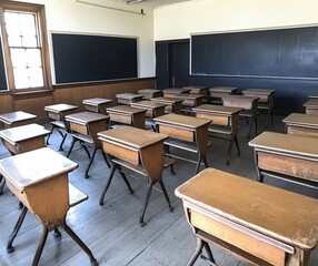 Vintage Classroom With Empty Wooden Desks