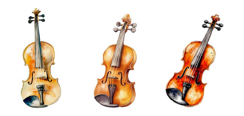 Watercolor violin set png. Musical instrument violin watercolor on transparent background. Retro violin. Vector illustration. © Narin