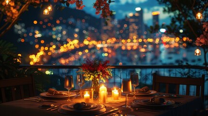 Romantic Candlelit Dinner on a Balcony Overlooking City Skyline with Vibrant Night Lights and Intimate Atmosphere at Twilightromantic