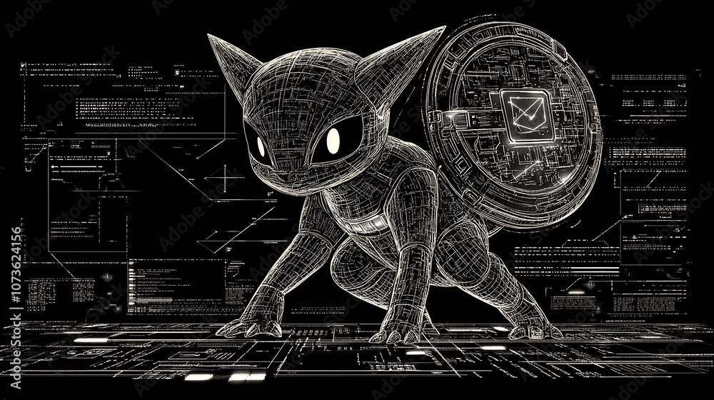 Wall mural a digital creature with a shield and a letter symbol, against a background of code and circuits.