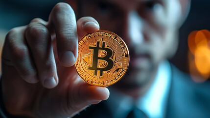 Close-up of a businessman holding a bitcoin
