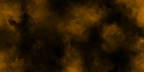 abstract Empty Dark Stage with Brown Mist Fog, beautiful blurred bokeh background with copy space, Orange color powder explosion isolated on black background. 