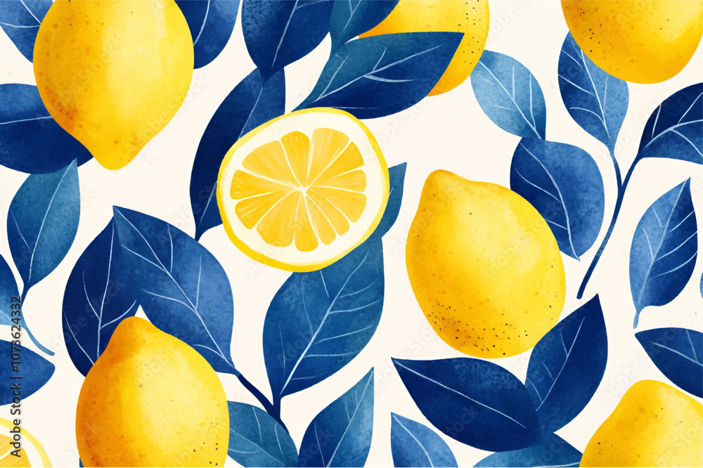 Wall mural Watercolor pattern with ripe lemons and blue leaves. Lemon watercolor pattern. Vector illustration.