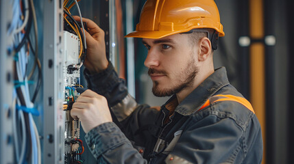 Young Technician Wearing a Hard Hat Works on Electrical Wiring Inside a Modern Building's Control Panel During a Bright Afternoon