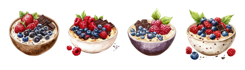 Watercolor oatmeal with berries and chocolate. Healthy breakfast with oatmeal filled with berries of strawberries, blueberries, raspberries and chocolate pieces. Fitness breakfast.